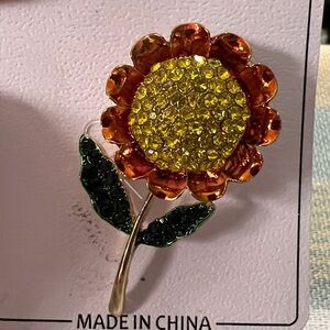 3/$18 Fashion Jewelry Sunflower Crystal Brooch - Yellow, Orange & Green Lot 6001